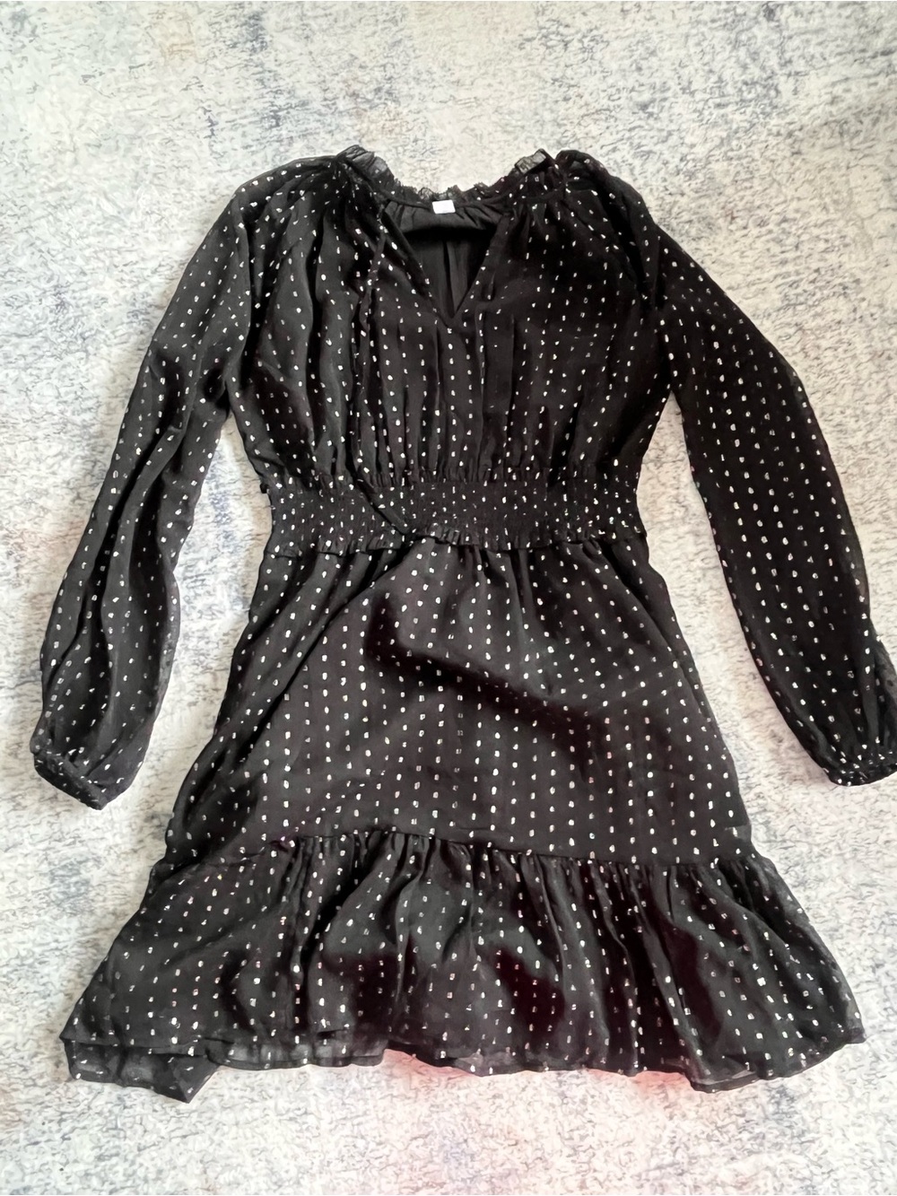 Black and gold  Polka Dot Long Sleeve Ruffle Hem Dress